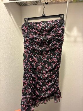 Full Tilt Black Strapless Floral Midi Dress with Pink & Lavender Blooms